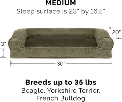 Furhaven Pillow Dog Bed for Medium/Small Dogs w/ Removable Bolsters &amp; Washable Cover - Faux Fur &amp; Velvet Sofa - Dark Sage, Medium