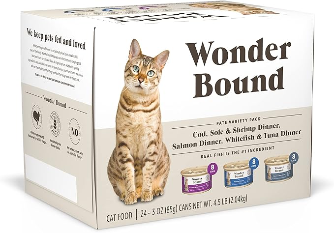 Amazon Brand - Wonder Bound Wet Cat Food, Pate, No Added Grain, Variety Pack (Cod, Sole &amp; Shrimp, Salmon, White Fish &amp; Tuna), 3 ounce (Pack of 24)