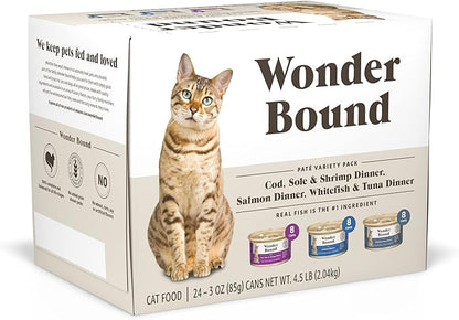 Amazon Brand - Wonder Bound Wet Cat Food, Pate, No Added Grain, Variety Pack (Cod, Sole &amp; Shrimp, Salmon, White Fish &amp; Tuna), 3 ounce (Pack of 24)