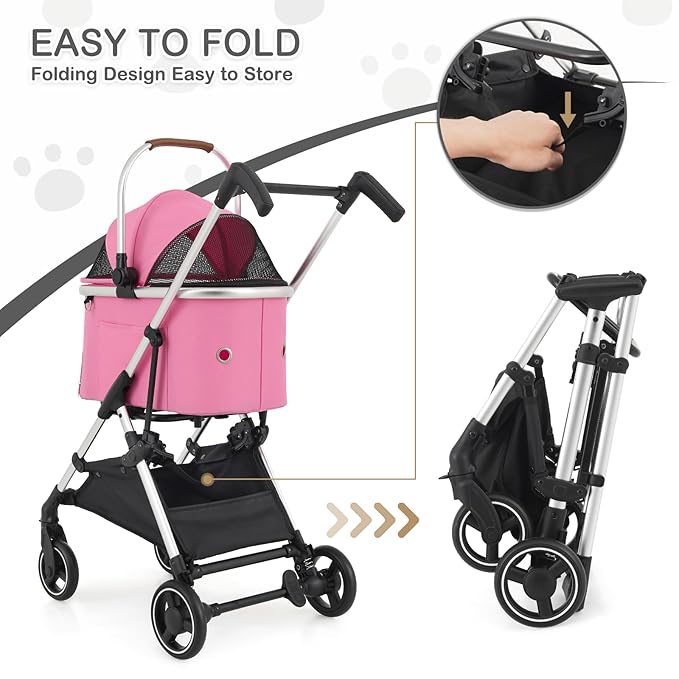 MoNiBloom Pet Stroller for Small/Medium Dogs w/Detachable Carrier &amp; Lightweight Aluminum Frame, Folding Jogging Travel Stroller, Pink