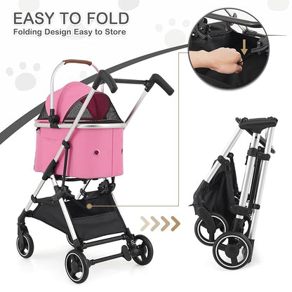 MoNiBloom Pet Stroller for Small/Medium Dogs w/Detachable Carrier &amp; Lightweight Aluminum Frame, Folding Jogging Travel Stroller, Pink