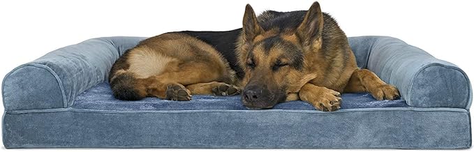 Furhaven Orthopedic Dog Bed for Large Dogs w/ Removable Bolsters &amp; Washable Cover, For Dogs Up to 95 lbs - Faux Fur &amp; Velvet Sofa - Harbor Blue, Jumbo/XL