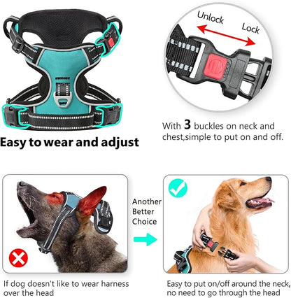 Timos No Pull Dog Harness,NO Need Go Over Dogs Head 3 Snap Buckles Reflective Oxford No Choke Puppy Harness with Front &amp; Back 2 Metal Leash Clips Soft Padded Vest Harnesses for Small Medium Large Dogs