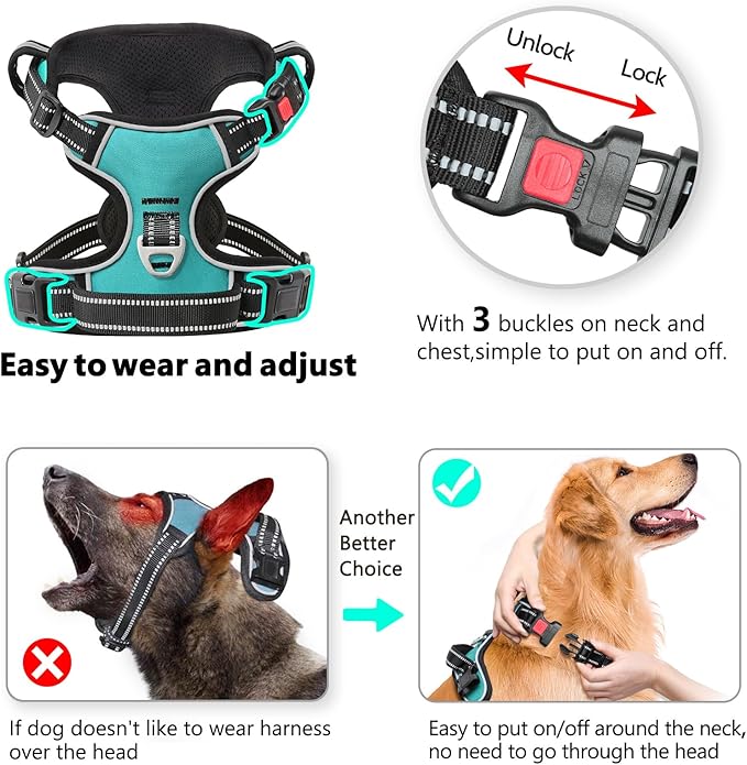 Timos No Pull Dog Harness, Release at Neck Reflective 3 Snap Buckles Adjustable No Choke Pet Vest with Front &amp; Back 2 Leash Clips, Soft Padded Control Training Handle for Small Medium Large Dogs