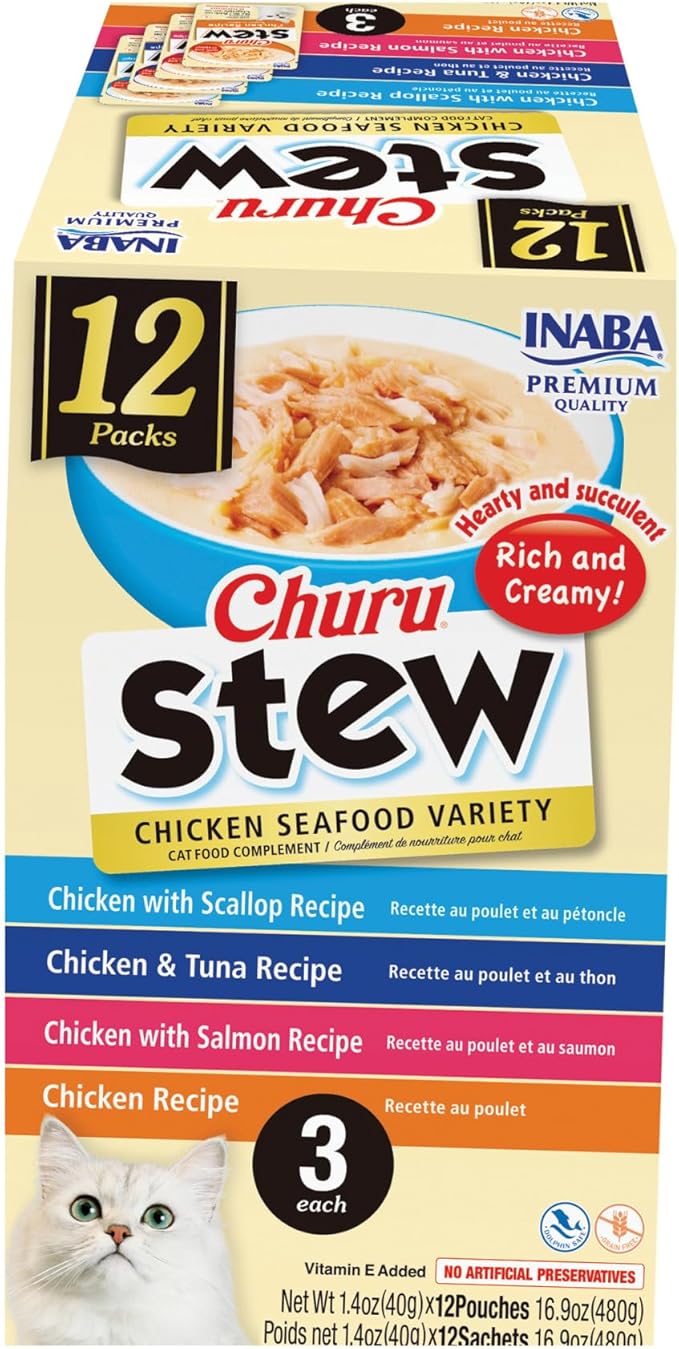 INABA Churu Stew for Cats, Side Dish Pouch with Vitamin E, 1.4 Ounces per Pouch, 12 Pouches, Chicken &amp; Seafood Variety