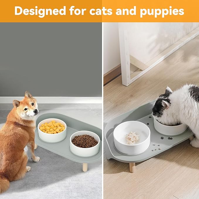 Elevated Dog Bowls Set, Ceramic Pet Food &amp; Water Bowls with Non-Slip Stand, No Spill Design for Cats/Small Medium Dogs Gray