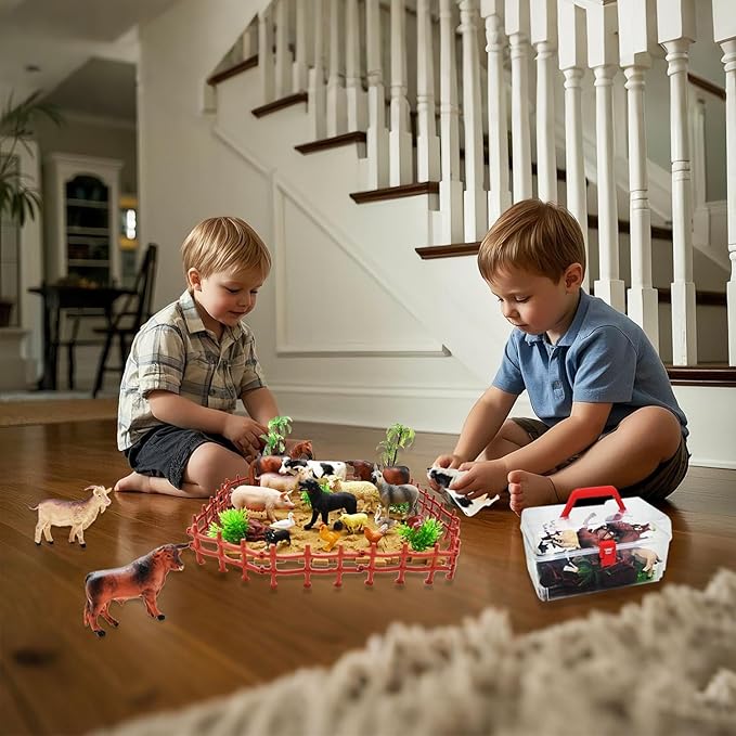 Farm Animal Figurines, Realistic Plastic Animals Toys with Fences Building Blocks, Farm Figures Playset Educational Birthday Gift for Kids &amp; Toddlers, 53 PCS
