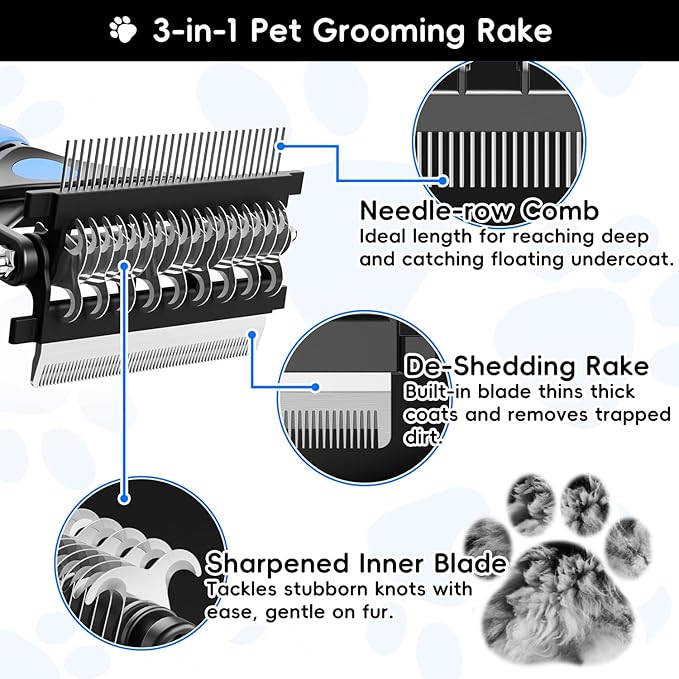 3-in-1 Pet Deshedding Tool – Grooming Brush for Dogs &amp; Cats with Undercoat Rake &amp; Dematting Comb (Blue)