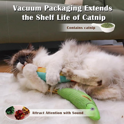 Cat Toys 4 Pack, Fish Shaped Catnip Toys with Crinkle Sound, Durable Interactive Chew &amp; Kicker Toys for Indoor Cats, 8.1 Inch for All Breeds