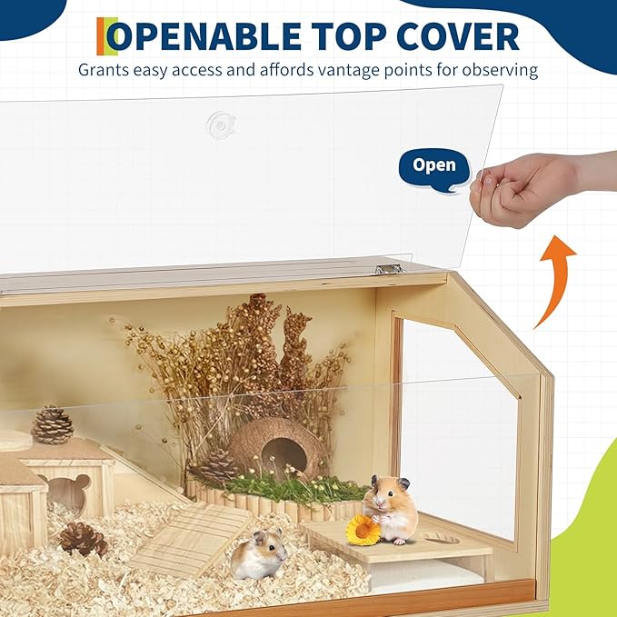 Wooden Hamster Cage with Legs, 40" l x 20" w x 47.5" h Guinea Pig Cages Chew Proof,Large Hamster Habitats Enclosure with Acrylic Window &amp; Openable Top for Guinea Pig, Chinchilla, Gerbil