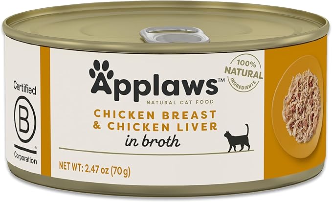Applaws Natural Wet Cat Food in Broth, Limited Ingredient Canned Wet Cat Food, No Additives, Made with Natural Ingredients, Chicken Breast &amp; Liver in Broth (24 x 2.47oz Cans)