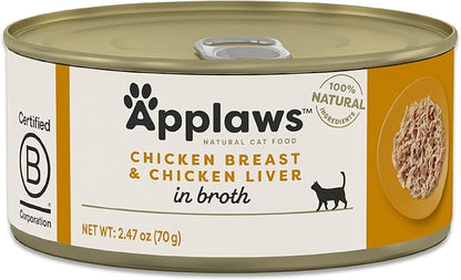 Applaws Natural Wet Cat Food in Broth, Limited Ingredient Canned Wet Cat Food, No Additives, Made with Natural Ingredients, Chicken Breast &amp; Liver in Broth (24 x 2.47oz Cans)
