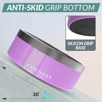 Coldest Dog Bowl - Anti Rust Metal, Non Slip, 3 Layers Insulated Stainless Steel Dog Bowls - Spill Proof &amp; Heavy Duty - Water Bowl for Dogs, Cats, Dish Washer Safe (64 oz, Saturns Purple Glitter)