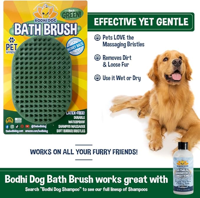 Bodhi Dog Shampoo Brush - Pet Grooming &amp; Bath Supplies for Dogs and Cats - Bath Brush for Long &amp; Short Hair - Premium Scrubber for Shower, Bathing &amp; Massage (One Pack, Dark Green)