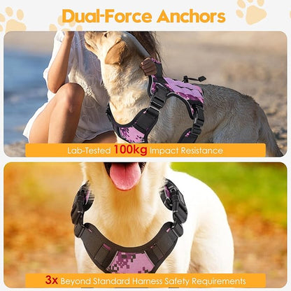 Heavy-Duty Tactical Dog Harness for Large Dogs, No Pull Adjustable Reflective Pet Vest with Molle System, K9 Military-Grade Control for Service Training, Outdoor &amp; 10+ Breeds, Purple Camo, Small