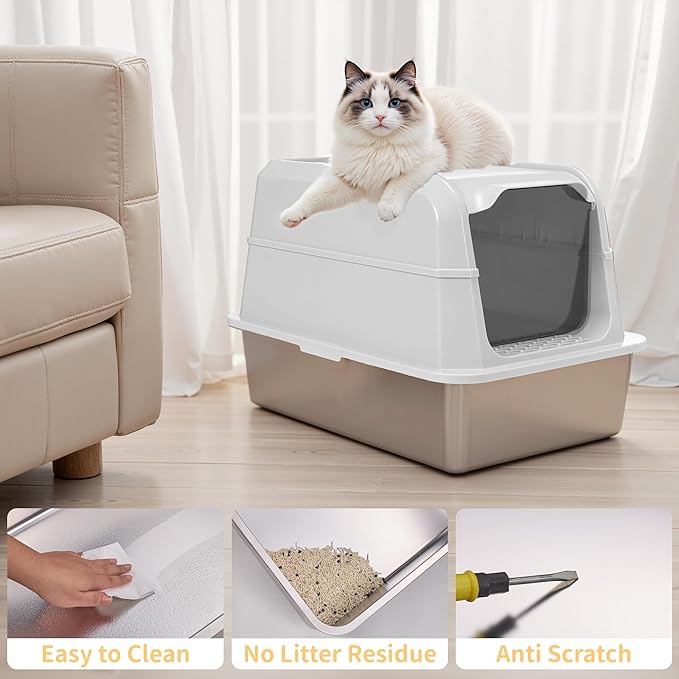 Stainless Steel Litter Box with Lid, XL Extra Large Cat Litter Box, Enclosed Metal Litter Pan with High Sided Enclosure &amp; Scoop, Anti Leakage, Easy to Clean, Odor Control (White)