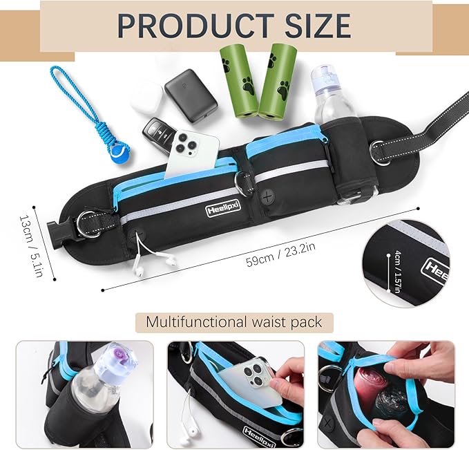 Hands-Free Waist Leash with Pouch for Two Dogs,Reflective Stitching, Dual Handle &amp; Bungee Retractable Design – Ideal for Medium to Large Dogs (Blue) – Dog Walking Accessories
