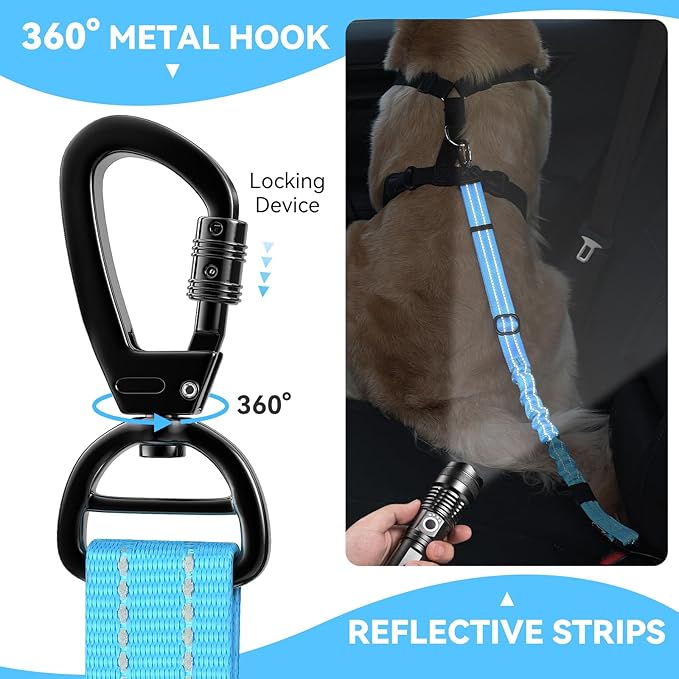 Pawaboo 2Pack Dog Seatbelt for Car, 3-in-1 Dog Seat Belt Bungee, Shockproof Dog Tether for Car with Buckle &amp; Hook Latch, Adjustable Reflective Dog Car Harness Leash with 360° Lockable Buckle, Blue