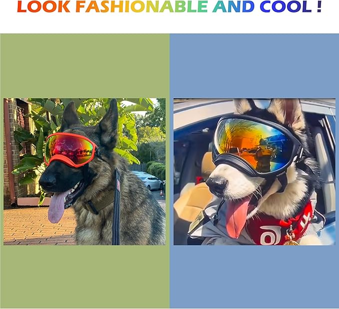 Large Dog Sunglasses with Adjustable Strap UV Protection, Winproof Puppy Sunglasses, Suitable for Medium-Large Pet Glasses, Dogs Eyes Soft Goggles, Red Silver