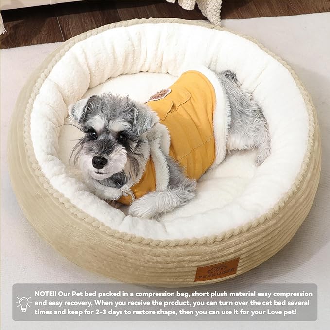Cat Bed, 20In Dog Beds for Small Dogs, Calming Cat &amp; Dog Beds for Indoor Pets, Pet Beds Comfortable Donut Round Ultra Soft (Camel, 23" L x 23" W x 6.5" Th)