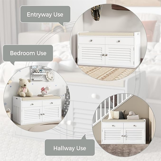 Shoe Storage Bench with 2 Drawers &amp; 2 Doors, Entryway Bench with Cushion, 2 Adjustable Shelves, Shoe Cabinet for Entryway, Living Room, Hallway, Mudroom, Bedroom, White
