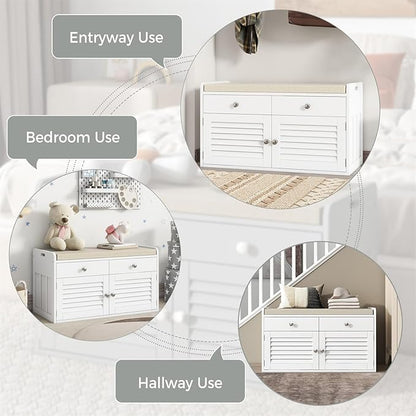 Shoe Storage Bench with 2 Drawers &amp; 2 Doors, Entryway Bench with Cushion, 2 Adjustable Shelves, Shoe Cabinet for Entryway, Living Room, Hallway, Mudroom, Bedroom, White