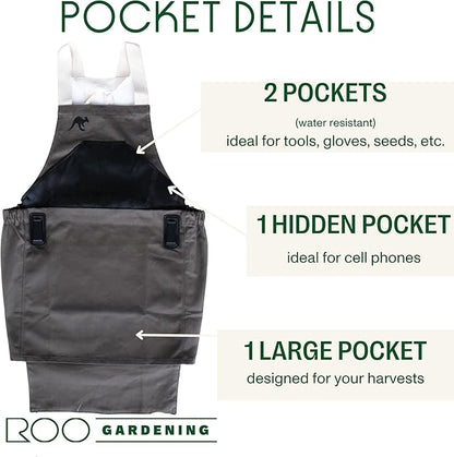 Roo Gardening Apron with Pockets &amp; Harvesting, Picking Pouch - Adjustable, Water-resistant, Washable Canvas Cotton