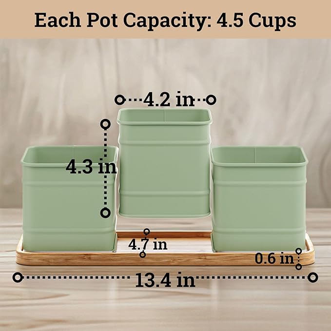 Herb Planter Indoor - 3 Iron Herb Pots with Drainage Holes, Varnished Bamboo Tray, Customizable Labels &amp; Marker Pen - Indoor Herb Garden Planter - 3 Pots for Herbs - Inside Spice Garden - Basil Pot