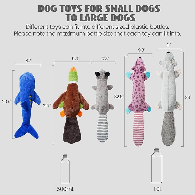 Nocciola 2-in-1 No Stuffing Crinkle Dog Toys with Soft and Durable Fabric, Holds Water Bottles, 2 Extra Long &amp; 3 Regular Size Stuffless Squeaky Dog Toys for Small to Large Dog