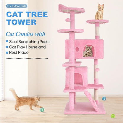 FDW Cat Tree 54in Cat Tower Multi-Level Durable Cat Scratching Post &amp; Cozy Fun Cat Jumping Platform Space Saving Cat Condo Pet Play House for Indoor Cats,Pink