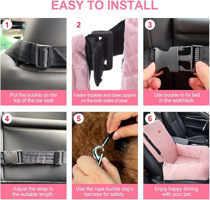 Dog Car Seat for Small Medium Dogs Up to 40lbs, Detachable Washable Soft Pet Booster Travel Bed for Front &amp; Pink Seat with Safety Leash Belt