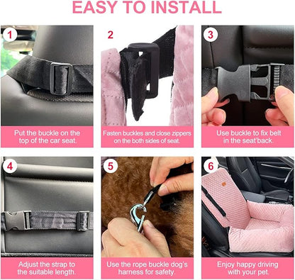 Dog Car Seat for Small Medium Dogs Up to 40lbs, Detachable Washable Soft Pet Booster Travel Bed for Front &amp; Pink Seat with Safety Leash Belt