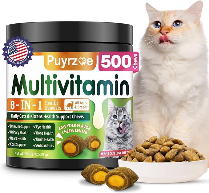 Cat Multivitamin - 500 Chews Crunchy &amp; Creamy Cheese Core, Cat Vitamins + Taurine for 8-in-1 Support - Immune, Urinary, Heart, Skin &amp; Coat, Eyes, Brain, Bone for Cats Kittens - Egg Yolk Flavor