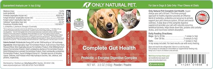 Only Natural Pet Complete Gut Health Complex - Probiotics &amp; Digestive Enzyme Supplement for Dogs &amp; Cats - Promotes Healthy Digestion, Immune System, Nutrient Absorption -3.5oz Powder (Pack of 2)