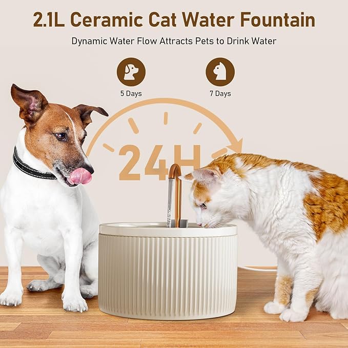 DOOOB Ceramic Cat Water Fountain, 2.1L/71oz Ceramic Cat Fountains, Automatic Pet Water Fountain for Cats, Pet Water Fountain with Ultra-Quiet Pump and 3 Filters &amp; 3 Sponges (Beige)