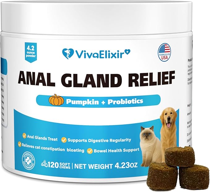 Cat Constipation Relief - Chewable Tablets - with Pumpkin, Psyllium Husk, Prebiotics &amp; Probiotics - Supports Gut Hydration, Bowel Regularity &amp; Immune Health - 120 Tablets