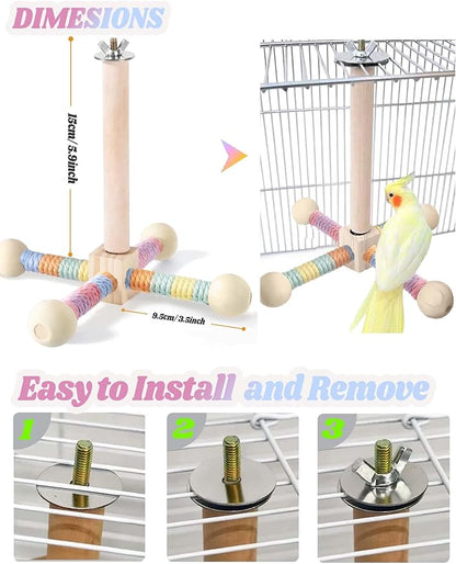 Bird Stand Perch Toy for Small &amp; Medium Birds, 360° Rotating Natural Wooden Parrot Perchs for Bird Cages, Interactive Spinning Toy fo Parrot Parakeets Cockatiels Lovebirds Conures Finches Budgies