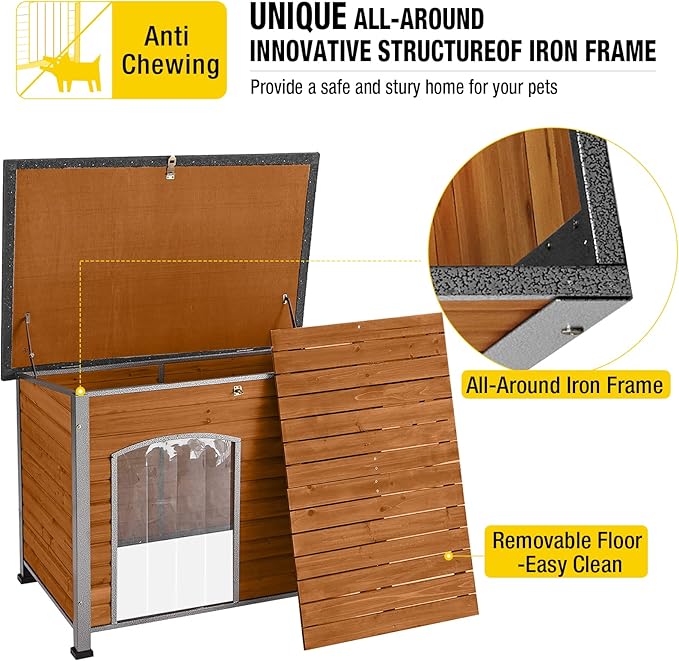 Aivituvin Dog House Outdoor &amp; Indoor Wooden Dog Kennel for Winter with Raised Feet Weatherproof for Small &amp; Medium &amp; Large Dogs,Unique All-Around Iron Frame…