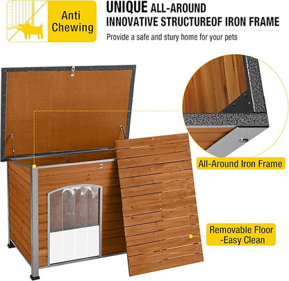 Aivituvin Dog House Outdoor &amp; Indoor Wooden Dog Kennel for Winter with Raised Feet Weatherproof for Small &amp; Medium &amp; Large Dogs,Unique All-Around Iron Frame…
