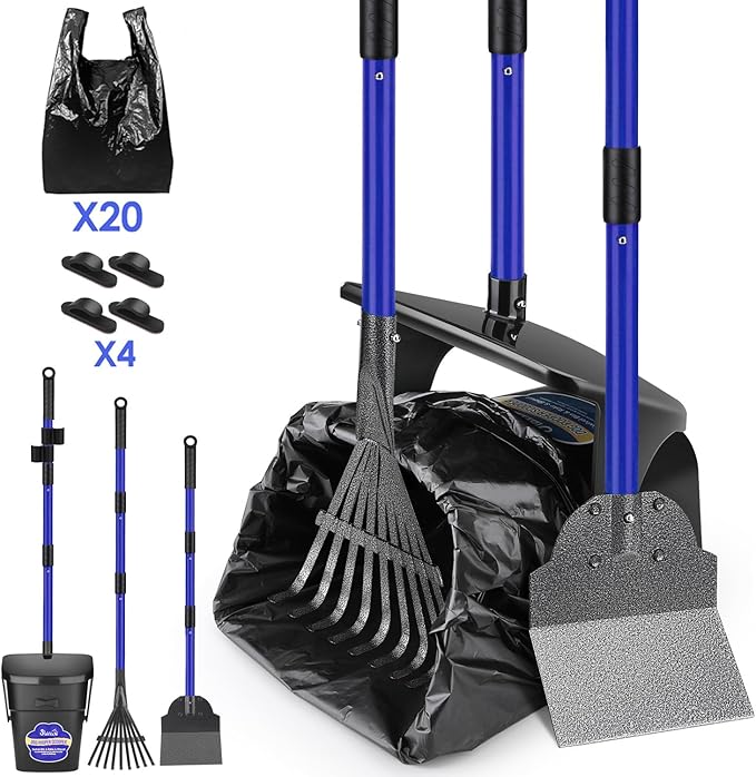 Lukovee Dog Pooper Scooper, 37.4" Long Adjustable Metal Handle Swivel Bin &amp; Rake &amp; Spade Kit with 20 Poop Bags, Portable Dog Non-Breakable Poop Scooper for Gravel Yard Lawn Grass, Blue