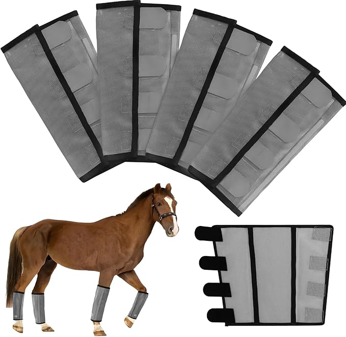 Mesh Horse Fly Boots Set of 4，Adjustable and Universal Loose Fitting &amp; Non-Slip Horse Fly Leggings for Horses,Reduce Stressful Stomping (Grey)