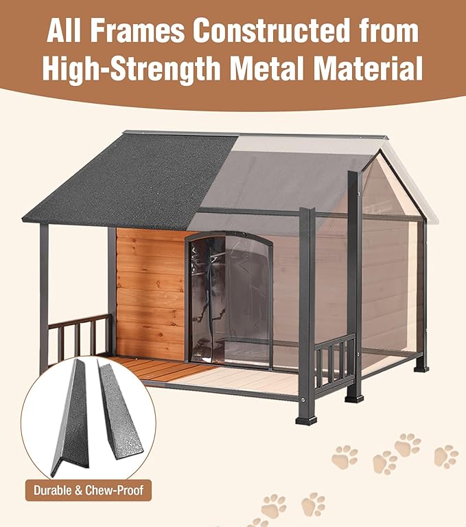 Extra Large Dog House Outdoor for Large Dogs, Insulated Dog House with Metal Frame, Waterproof Dog Shelter with Asphalt Roof, PVC Curtain &amp; Multifunctional Patio, Indoor Outdoor Use