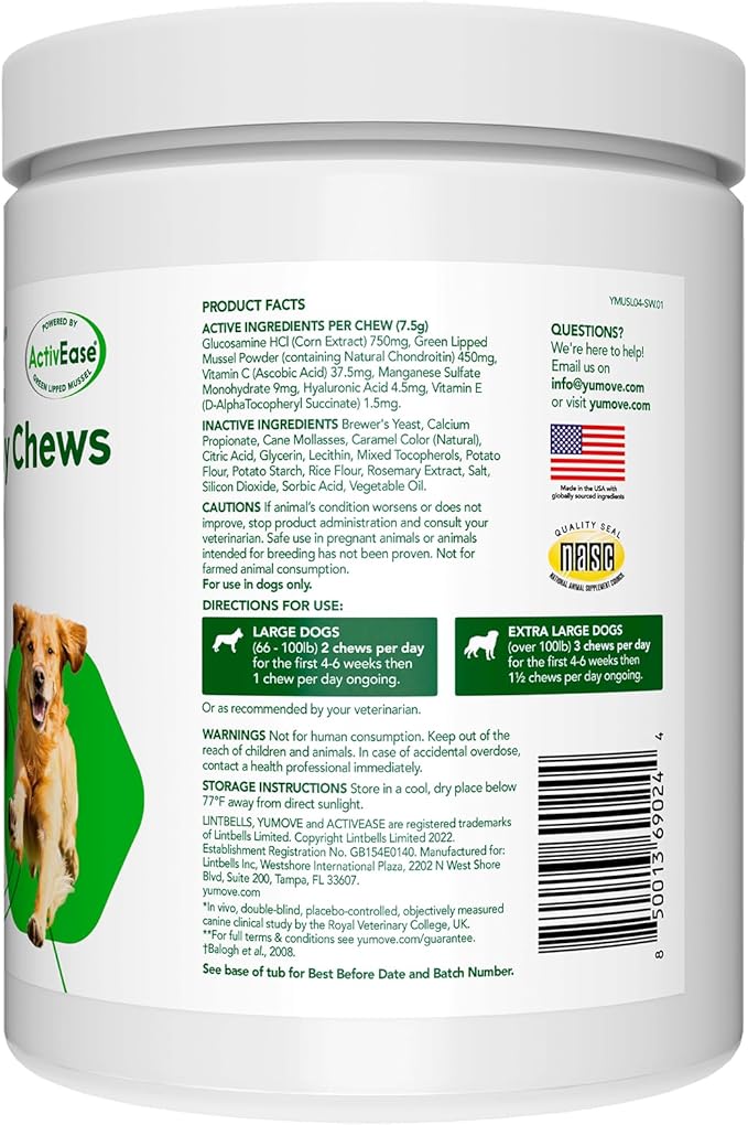 YuMOVE Hip &amp; Joint Supplement for Dogs - with Glucosamine Chondroiton, Green Lipped Mussel, Hyaluronic Acid, and Omega 3 Joint Supplement for Stiffness and Mobility 60 Chews (Large/XL Dogs)