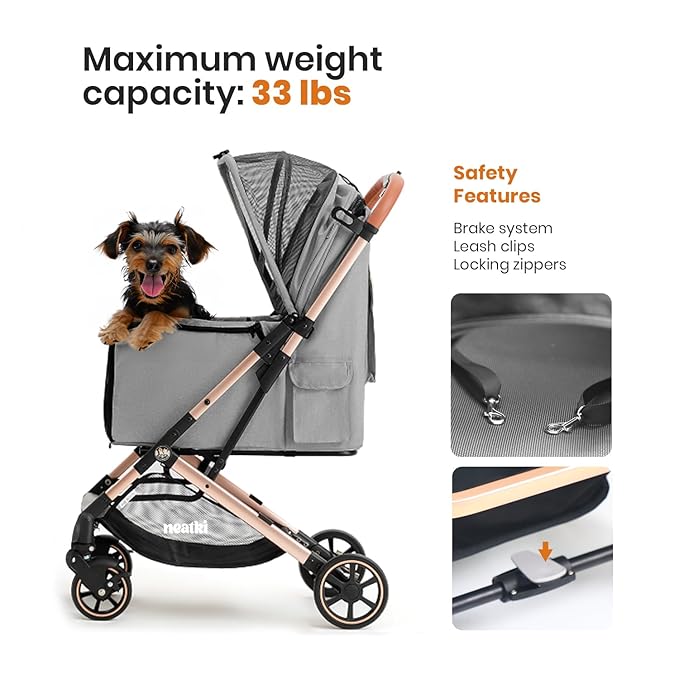 Foldable Pet Stroller for Dogs and Cats, 33 lbs Capacity, 360° Swivel Front Wheels, One-Click Fold, Brake System, Leash &amp; Lock Clips, Removable Washable Padding, and Cup Holder (Gray, 33 lbs)