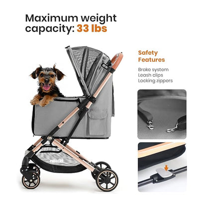 Foldable Pet Stroller for Dogs and Cats, 33 lbs Capacity, 360° Swivel Front Wheels, One-Click Fold, Brake System, Leash &amp; Lock Clips, Removable Washable Padding, and Cup Holder (Gray, 33 lbs)