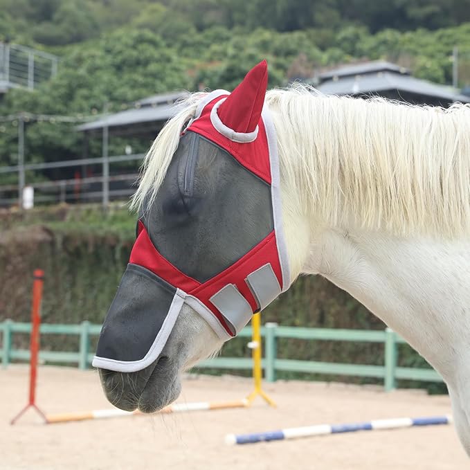 Horse Fly Mask with Ears &amp; Long Nose Cover | Forelock Opening for Tangle-Free Mane Care | UV Protection &amp; Breathable Mesh | No Rub Fit and Enhanced Visbility for Trail Riding Red Pony