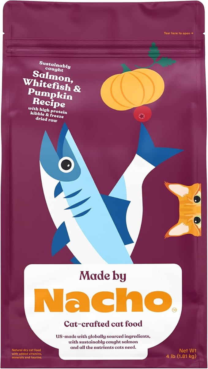 Made by Nacho Dry Cat Kibble 4lb Bag, High Protein Premium Cat Food with Freeze Dried Pieces, Sustainably-Caught Salmon, Whitefish &amp; Pumpkin, Limited Ingredients, Single Bag