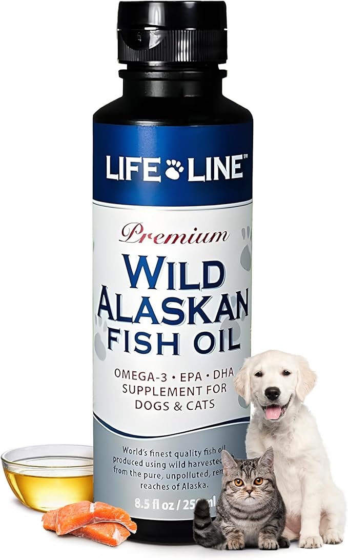 Life Line Pet Nutrition Wild Alaskan Fish Oil Omega-3 Supplement for Skin &amp; Coat – Supports Brain, Eye &amp; Heart Health in Dogs &amp; Cats, 8.5oz