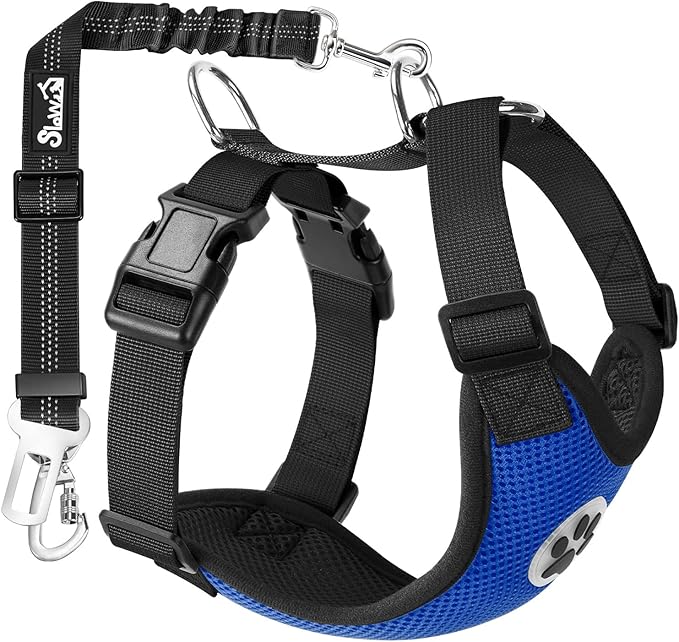 SlowTon Dog Seat Belt Harness for Car, Dog Car Harness Adjustable Mesh Breathable &amp; Dog Seatbelt Safety Tether with Elastic Bungee for Small Medium Large Pets(Blue, Double Clip, L)