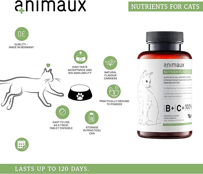 animaux – nutrients for Cats, All-Natural Cat Vitamins, Cat Essentials to Strengthen The Immune System &amp; Natural Cell Protection, Healthy Skin &amp; Shiny Coat, 120 Chewable Tablets, 120 Days Supply